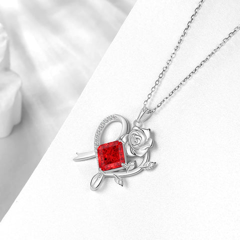 Geburtsstein-Halskette mit Rosenblüte, 925er Sterlingsilber, Anhänger im Schneeflockenschliff mit Zirkonia, Herzform, ideales Geschenk zu Weihnachten, Valentinstag oder Geburtstag für Mutter und Tochter