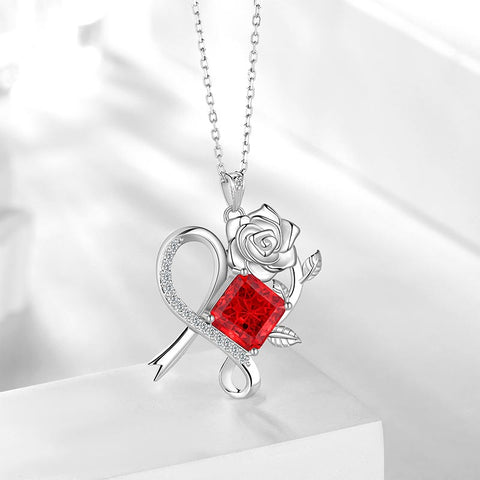 Geburtsstein-Halskette mit Rosenblüte, 925er Sterlingsilber, Anhänger im Schneeflockenschliff mit Zirkonia, Herzform, ideales Geschenk zu Weihnachten, Valentinstag oder Geburtstag für Mutter und Tochter
