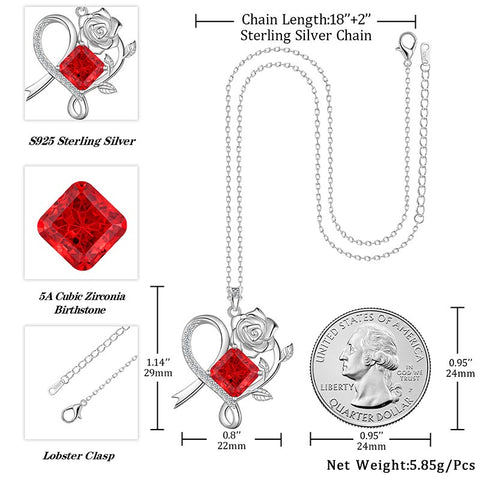 Geburtsstein-Halskette mit Rosenblüte, 925er Sterlingsilber, Anhänger im Schneeflockenschliff mit Zirkonia, Herzform, ideales Geschenk zu Weihnachten, Valentinstag oder Geburtstag für Mutter und Tochter