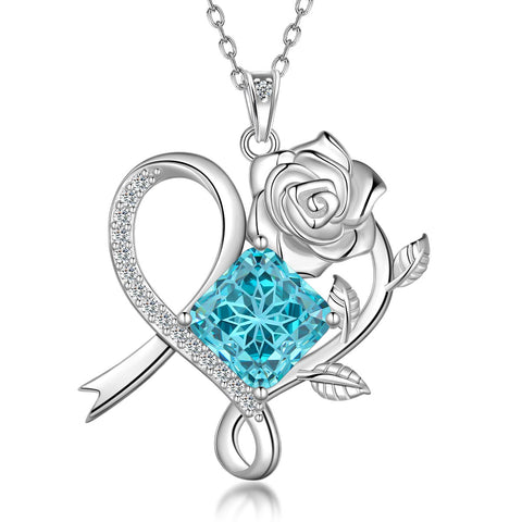 Geburtsstein-Halskette mit Rosenblüte, 925er Sterlingsilber, Anhänger im Schneeflockenschliff mit Zirkonia, Herzform, ideales Geschenk zu Weihnachten, Valentinstag oder Geburtstag für Mutter und Tochter