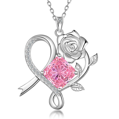Geburtsstein-Halskette mit Rosenblüte, 925er Sterlingsilber, Anhänger im Schneeflockenschliff mit Zirkonia, Herzform, ideales Geschenk zu Weihnachten, Valentinstag oder Geburtstag für Mutter und Tochter