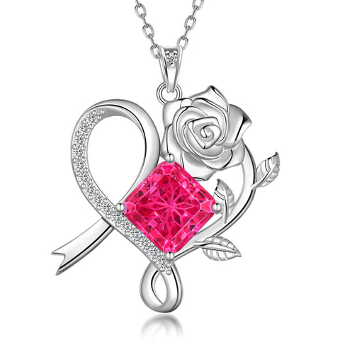 Geburtsstein-Halskette mit Rosenblüte, 925er Sterlingsilber, Anhänger im Schneeflockenschliff mit Zirkonia, Herzform, ideales Geschenk zu Weihnachten, Valentinstag oder Geburtstag für Mutter und Tochter