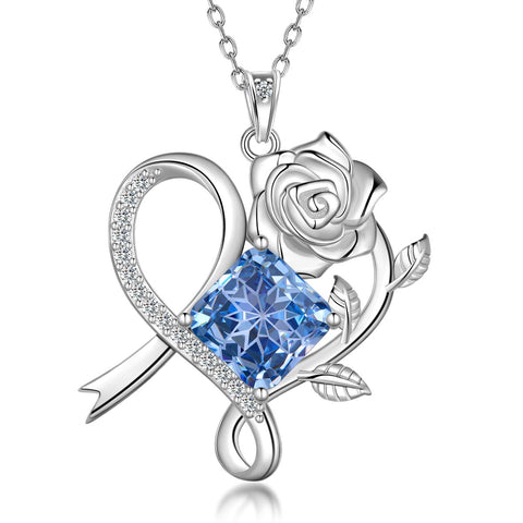 Geburtsstein-Halskette mit Rosenblüte, 925er Sterlingsilber, Anhänger im Schneeflockenschliff mit Zirkonia, Herzform, ideales Geschenk zu Weihnachten, Valentinstag oder Geburtstag für Mutter und Tochter