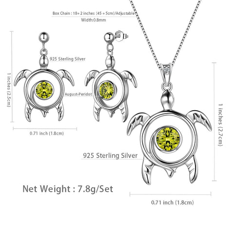Turtle Birthstone August Peridot Jewelry Set 3PCS Women Girls Birthday Gift