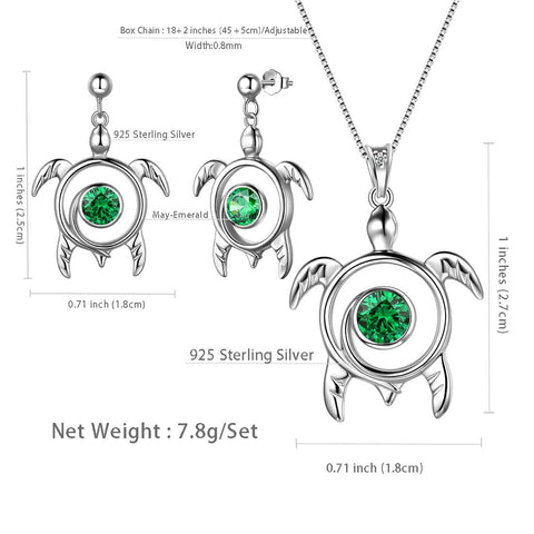 Schildkröten-Geburtsstein-Mai-Smaragd-Schmuckset, 3-teilig, für Damen und Mädchen, Geburtstagsgeschenk