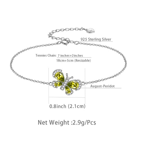 Bracelet papillon avec pierre de naissance, péridot d'août, cristal, bijoux pour femmes et filles, cadeau d'anniversaire