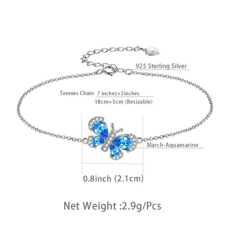 Schmetterlings-Armband, Geburtsstein, März, Aquamarin-Kristall, Damen- und Mädchen-Schmuck, Geburtstagsgeschenk