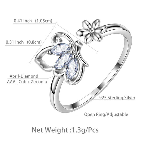 Bague papillon ouverte, pierre de naissance avril, diamant, bijoux pour femmes et filles, cadeau d'anniversaire