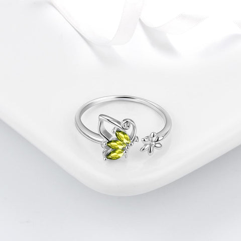 Bague papillon ouverte avec pierre de naissance, péridot d'août, bijoux pour femmes et filles, cadeau d'anniversaire