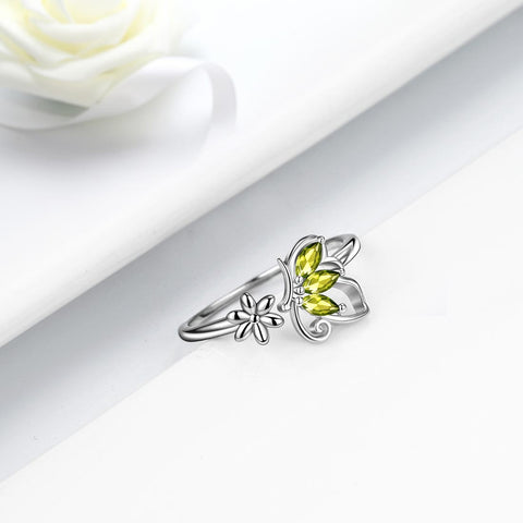 Bague papillon ouverte avec pierre de naissance, péridot d'août, bijoux pour femmes et filles, cadeau d'anniversaire