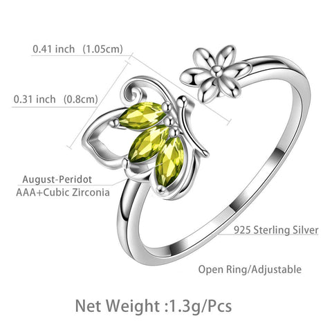 Bague papillon ouverte avec pierre de naissance, péridot d'août, bijoux pour femmes et filles, cadeau d'anniversaire