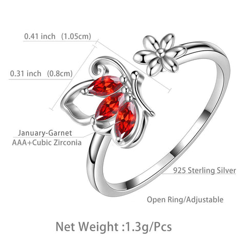 Anello a farfalla con pietra portafortuna aperta, granato di gennaio, regalo di compleanno per gioielli da donna e ragazza
