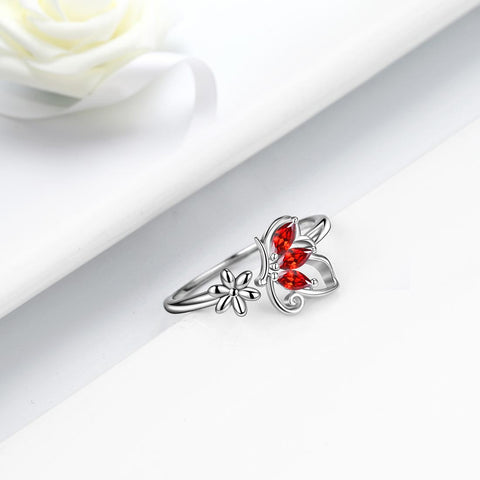 Anello a farfalla con pietra portafortuna aperta, granato di gennaio, regalo di compleanno per gioielli da donna e ragazza