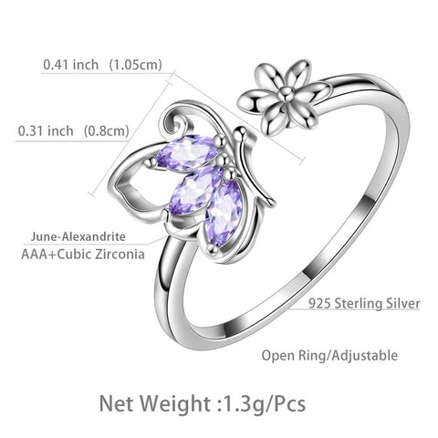 Butterfly Ring Open Birthstone June Alexandrite Women Girls Jewelry Birthday Gift