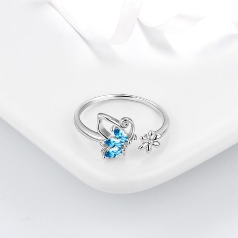 Anello con farfalla, pietra portafortuna aperta, acquamarina di marzo, gioielli da donna, regalo di compleanno