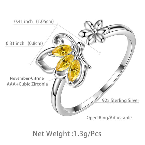 Anello a farfalla con pietra portafortuna aperta, citrino di novembre, gioielli da donna, regalo di compleanno
