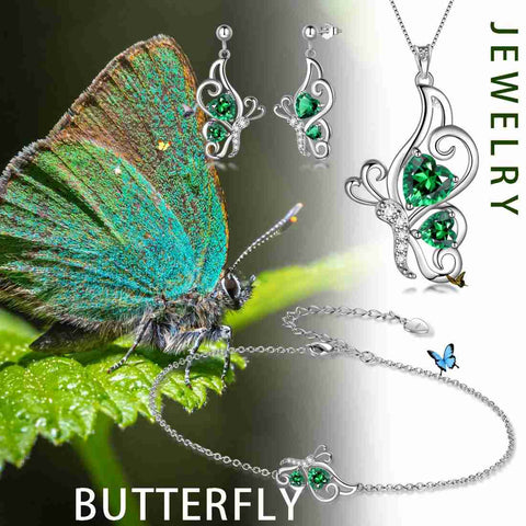 Schmetterlings-Geburtsstein-Mai-Smaragd-Schmuckset, 4-teilig, für Damen und Mädchen, Geburtstagsgeschenk