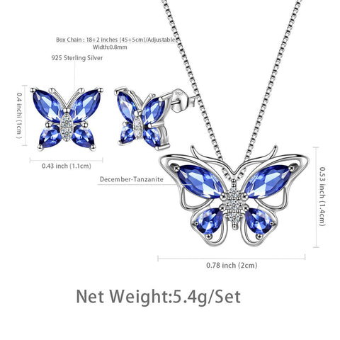 Schmetterlings-Schmuckset, Geburtsstein, Dezember, Tansanit, für Damen und Mädchen, Geburtstagsgeschenk
