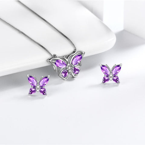 Schmetterlings-Schmuckset, Geburtsstein, Februar, Amethyst, für Damen und Mädchen, Geburtstagsgeschenk