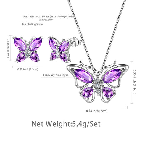 Schmetterlings-Schmuckset, Geburtsstein, Februar, Amethyst, für Damen und Mädchen, Geburtstagsgeschenk