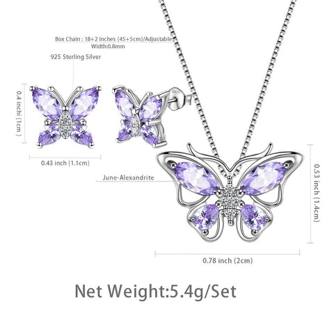Schmetterlings-Schmuckset, Geburtsstein, Juni, Alexandrit, für Damen und Mädchen, Geburtstagsgeschenk