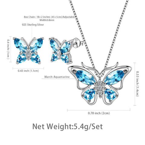 Ensemble de bijoux papillon avec pierre de naissance, aigue-marine de mars, cadeau d'anniversaire pour femmes et filles