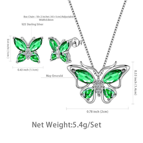 Set di gioielli con farfalla, pietra portafortuna, smeraldo di maggio, regalo di compleanno per ragazze e donne