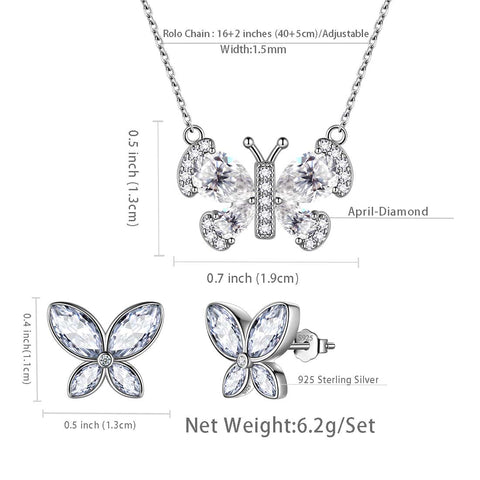 Schmetterlings-Geburtsstein-Diamant-Schmuckset für April, 3-teilig, für Damen und Mädchen, Geburtstagsgeschenk