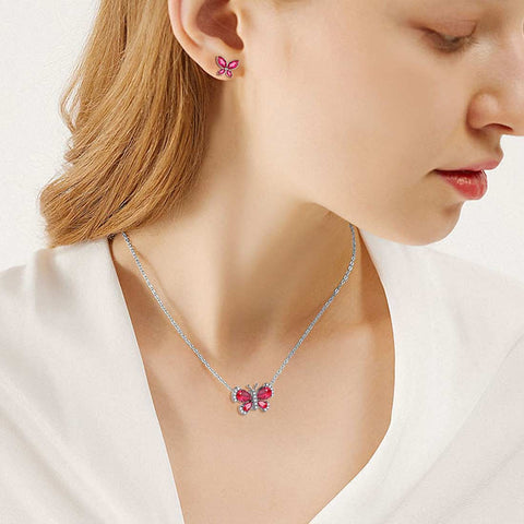 Butterfly Birthstone July Ruby Jewelry Set 3PCS Women Girls Birthday Gift