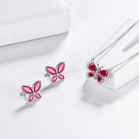 Butterfly Birthstone July Ruby Jewelry Set 3PCS Women Girls Birthday Gift