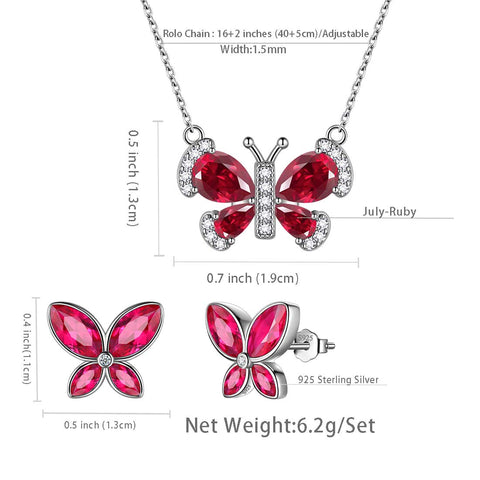 Butterfly Birthstone July Ruby Jewelry Set 3PCS Women Girls Birthday Gift