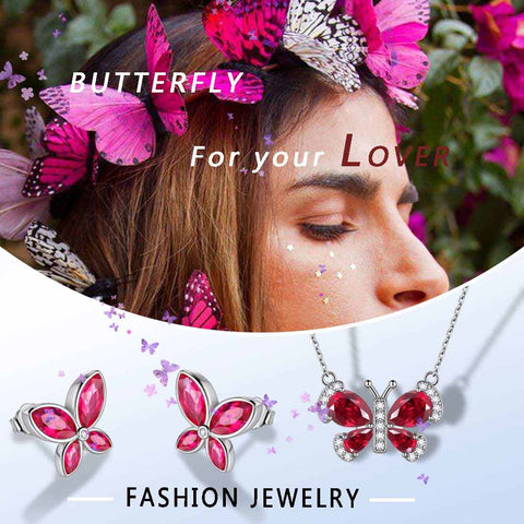 Butterfly Birthstone July Ruby Jewelry Set 3PCS Women Girls Birthday Gift