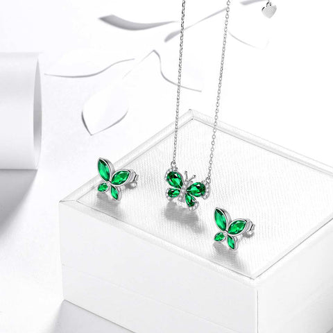 Schmetterlings-Geburtsstein-Mai-Smaragd-Schmuckset, 3-teiliges Damen- und Mädchen-Geburtstagsgeschenk