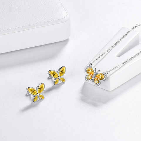 Set di gioielli in citrino di novembre con pietra portafortuna a forma di farfalla, regalo di compleanno per ragazze da donna, 3 pezzi