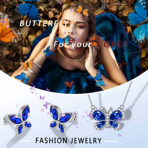 Set di gioielli in zaffiro di settembre con pietre portafortuna a forma di farfalla, regalo di compleanno per ragazze da donna, 3 pezzi