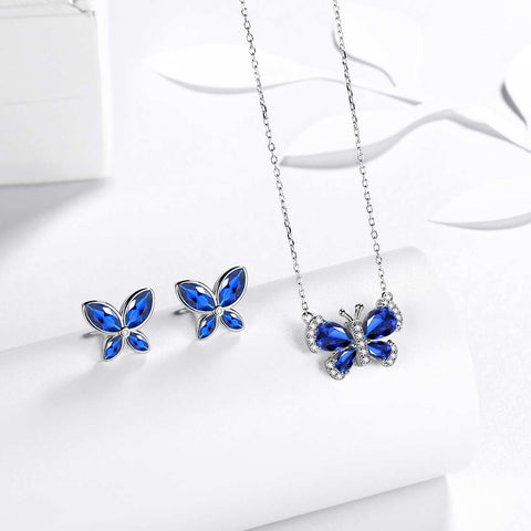 Set di gioielli in zaffiro di settembre con pietre portafortuna a forma di farfalla, regalo di compleanno per ragazze da donna, 3 pezzi