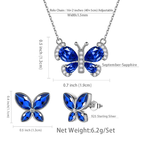 Set di gioielli in zaffiro di settembre con pietre portafortuna a forma di farfalla, regalo di compleanno per ragazze da donna, 3 pezzi