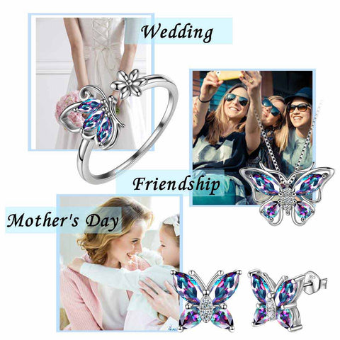 Schmetterlings-Regenbogen-Mystic-Topas-Schmuckset, 4-teilig, für Damen und Mädchen, Geschenk aus Sterlingsilber