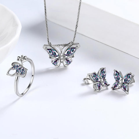 Schmetterlings-Regenbogen-Mystic-Topas-Schmuckset, 4-teilig, für Damen und Mädchen, Geschenk aus Sterlingsilber