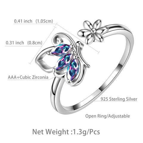 Anillos abiertos con topacio místico y arcoíris de mariposa, joyería para mujeres y niñas, regalo de plata de ley