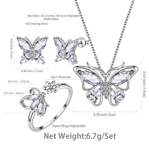 Set di gioielli con diamanti di aprile con pietre portafortuna a forma di farfalla, regalo di compleanno per ragazze da donna, 4 pezzi