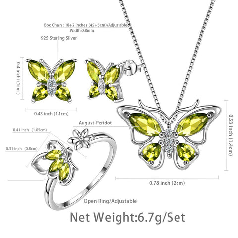 Schmetterlings-Geburtsstein-Peridot-Schmuckset für August, 4-teilig, für Damen und Mädchen, Geburtstagsgeschenk