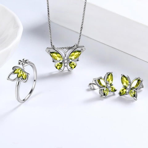 Schmetterlings-Geburtsstein-Peridot-Schmuckset für August, 4-teilig, für Damen und Mädchen, Geburtstagsgeschenk