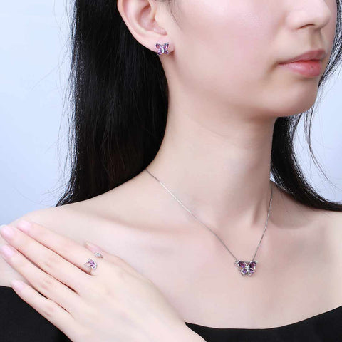 Damen Schmetterling Halskette Ohrringe Ring Schmuckset Geburtsstein Geburtstagsgeschenk 925 Sterling Silber