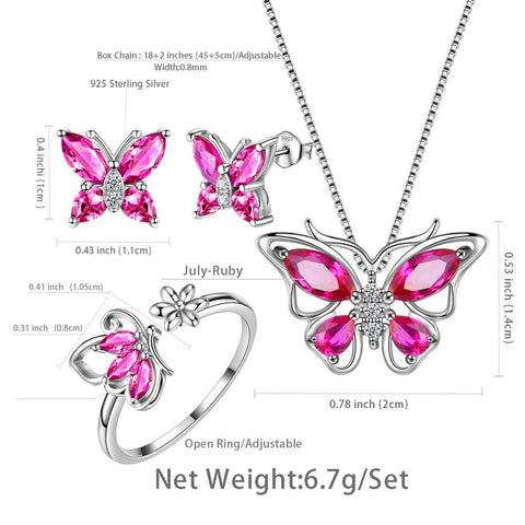 Schmetterlings-Geburtsstein-July-Rubin-Schmuckset, 4-teiliges Schmuckset für Damen und Mädchen, Geburtstagsgeschenk