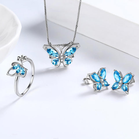 Butterfly Birthstone March Aquamarine Jewelry Set 4PCS Women Girls Birthday Gift