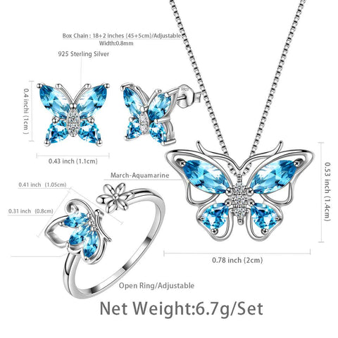 Butterfly Birthstone March Aquamarine Jewelry Set 4PCS Women Girls Birthday Gift