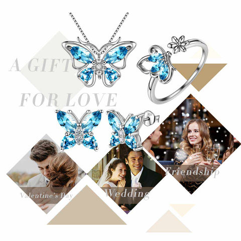 Butterfly Birthstone March Aquamarine Jewelry Set 4PCS Women Girls Birthday Gift