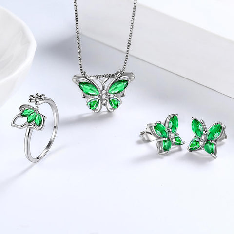 Schmetterlings-Geburtsstein-Mai-Smaragd-Schmuckset, 4-teilig, für Damen und Mädchen, Geburtstagsgeschenk