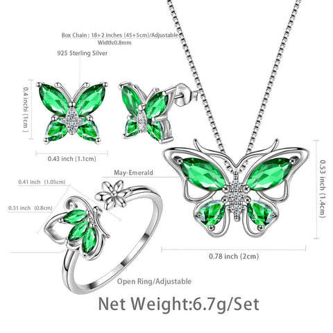 Schmetterlings-Geburtsstein-Mai-Smaragd-Schmuckset, 4-teilig, für Damen und Mädchen, Geburtstagsgeschenk